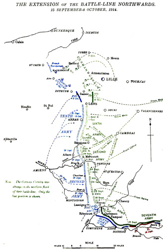 Map showing Allied and German movements and flanking attempts during the 1914 Race to the Sea.