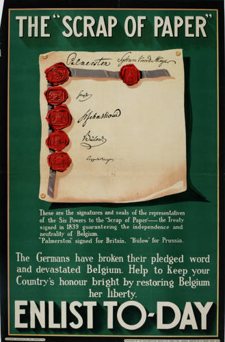British WW1 propaganda poster showing the "Scrap of Paper" 1839 Treaty of London on a green background. The main text asks for readers to "Enlist Today"