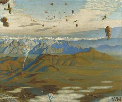 Painting showing RAF bi planes fighting Austro-Hungarian observation balloons above the Alps.