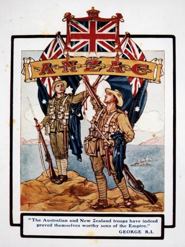 Propaganda poster showing two ANZAC soldiers in full kit raising the Australian and New Zealand flags in celebration.