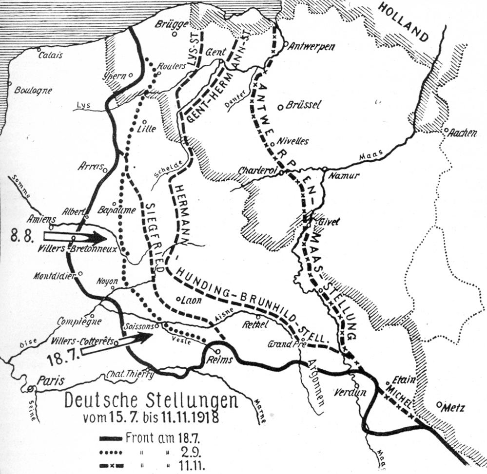 Black and white map showing German military positions on the Western Front between July-November 1918